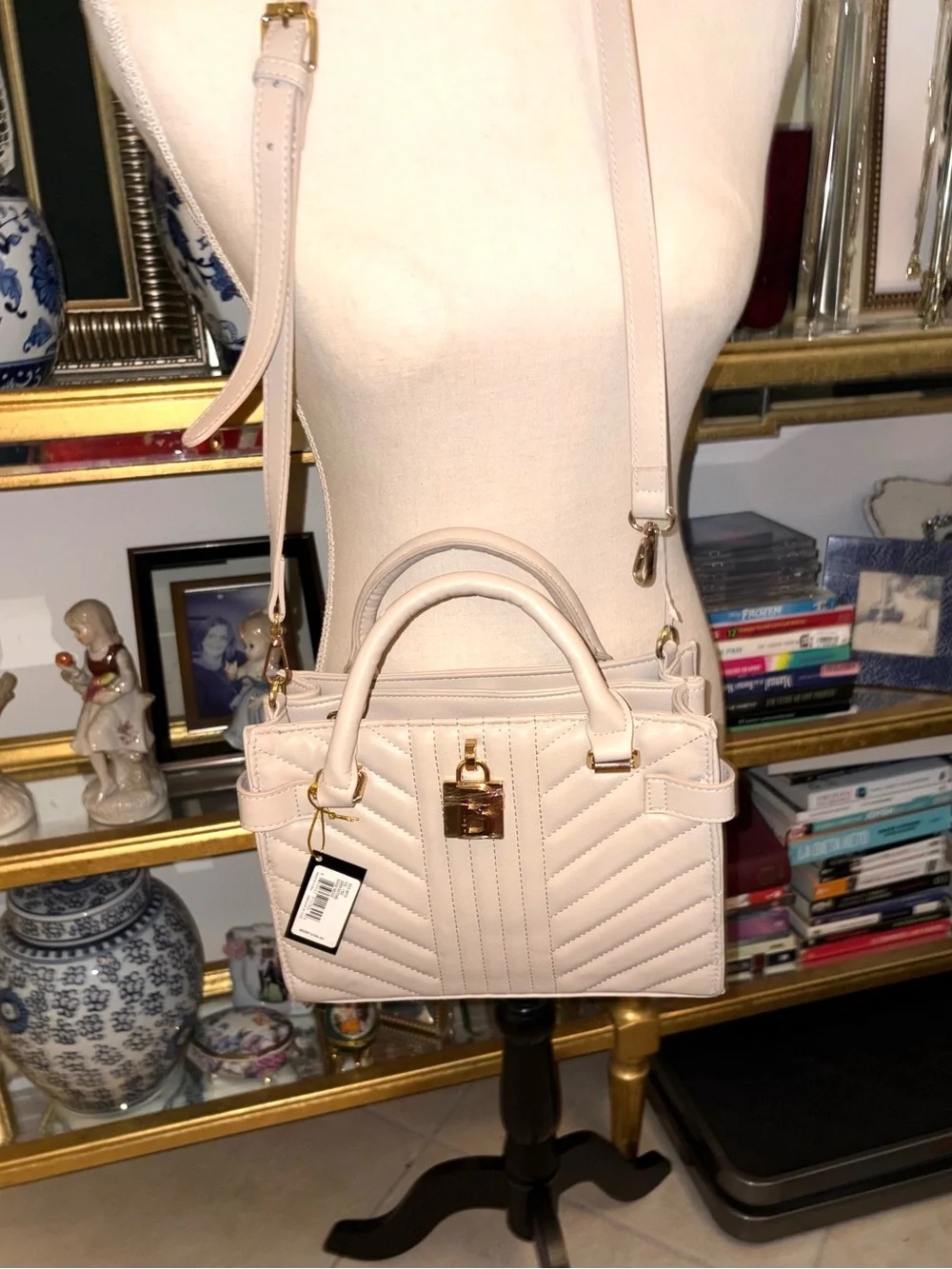 bebe Cream Quilted Satchel with Gold Hardware and Strap